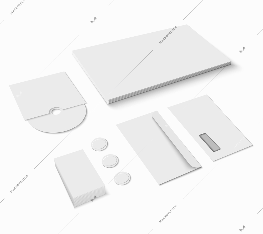 Blank paper office stationery set isolated on white background vector illustration