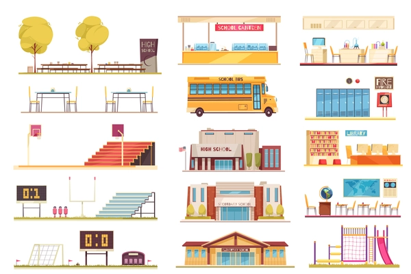 School facilities flat elements collection with sport stadium yellow bus building facade classroom bibliotheek interior vector illustration