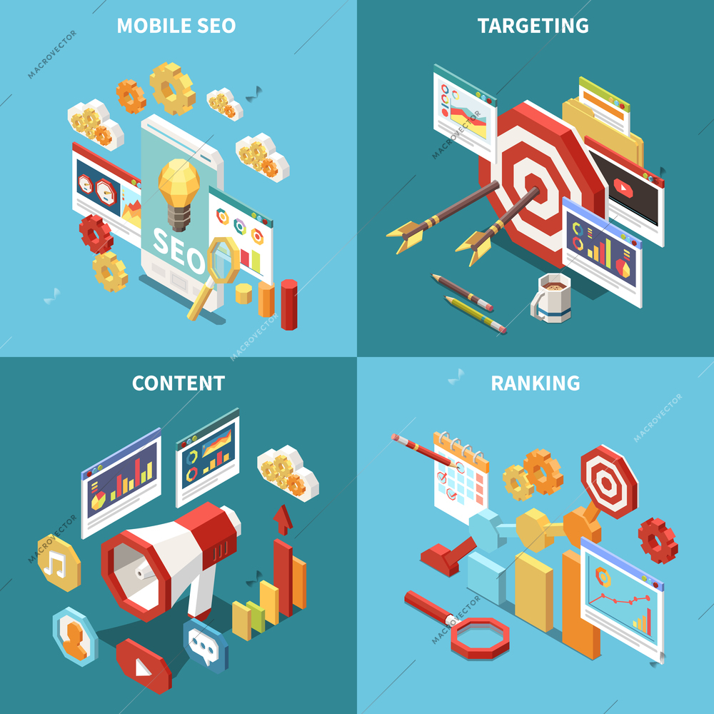 Isometric web SEO icon set with mobile seo targeting content and ranking descriptions vector illustration