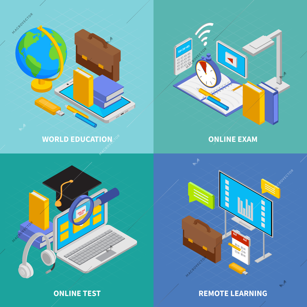 Online education concept icons set with world education symbols isometric isolated vector illustration