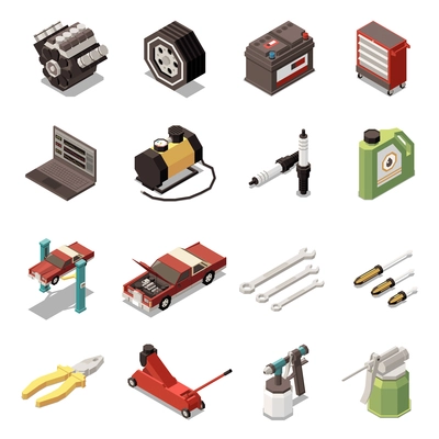 Isolated car service isometric icon set with plug tool kit and equipment vector illustration