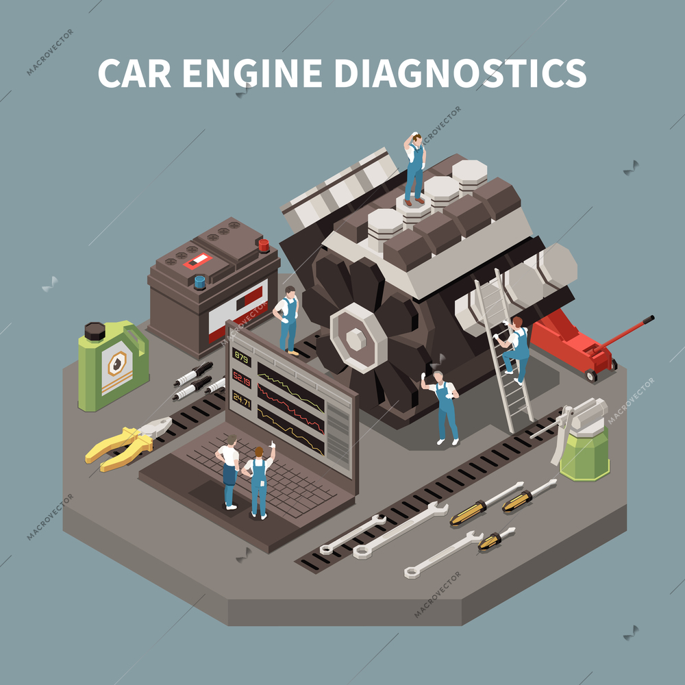 Isolated car service composition with car engine diagnostics headline and employees on work vector illustration