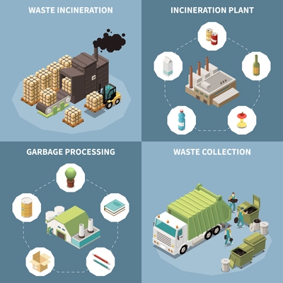 Garbage recycling isometric icon set with waste incineration garbage processing and waste collection descriptions vector illustration