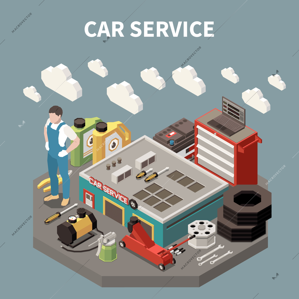 Colored isometric car service composition with worker man at the work and equipment tools vector illustration