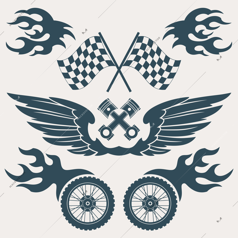 Motorcycle grunge design elements set of wings flags flame isolated vector illustration