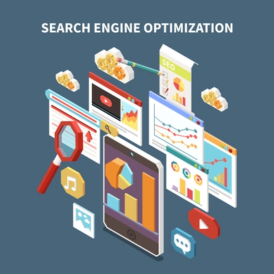 Web SEO isometric composition with search engine optimization headline and isolated elements vector illustration