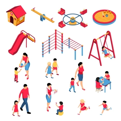 Kindergarten isometric set with parents educators kids during learning and eating play ground elements isolated vector illustration