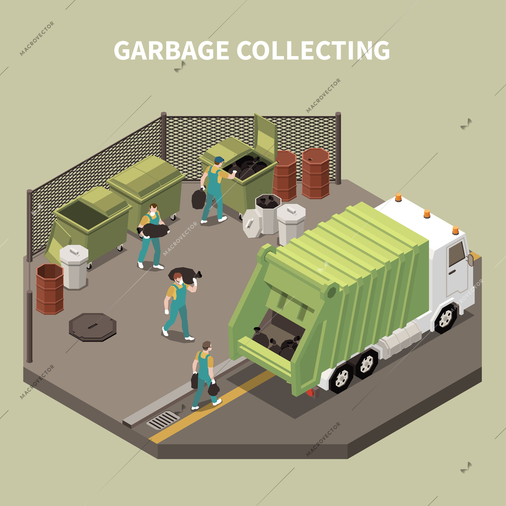 Colored and isometric garbage recycling composition with garbage collecting and workers scavengers vector illustration