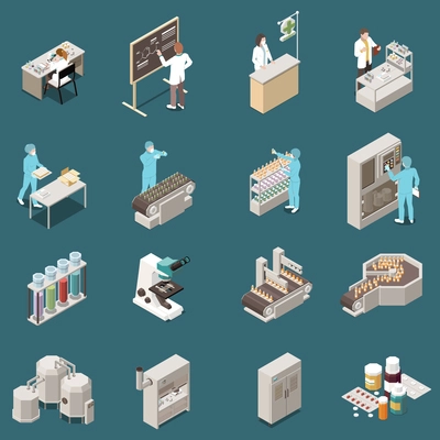 Pharmaceutical production isometric icon set with scientist at work and drug manufacturing vector illustration