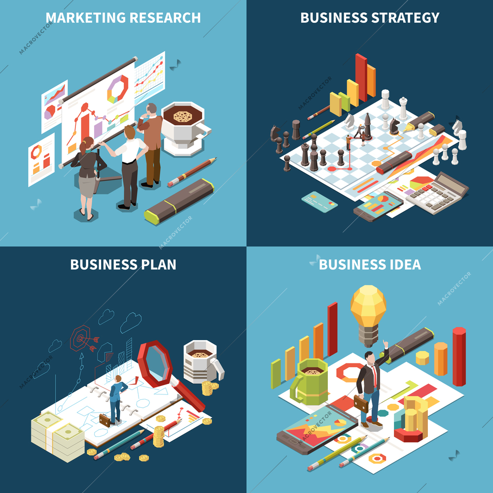 Business strategy isometric icon set with marketing research business strategy plan and idea descriptions vector illustration