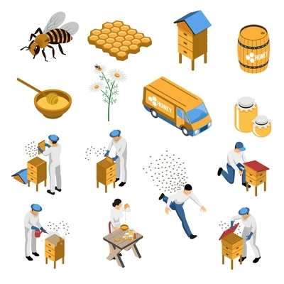 Apiculture isometric set with flowers and bees beekeeper near hive honey in various containers isolated vector illustration