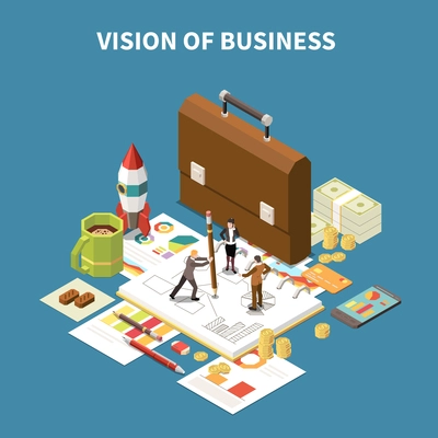 Isometric business strategy composition with vision of business description and abstract elements vector illustration