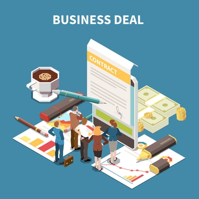 Business strategy isometric composition with business deal description and the team brainstorming session vector illustration