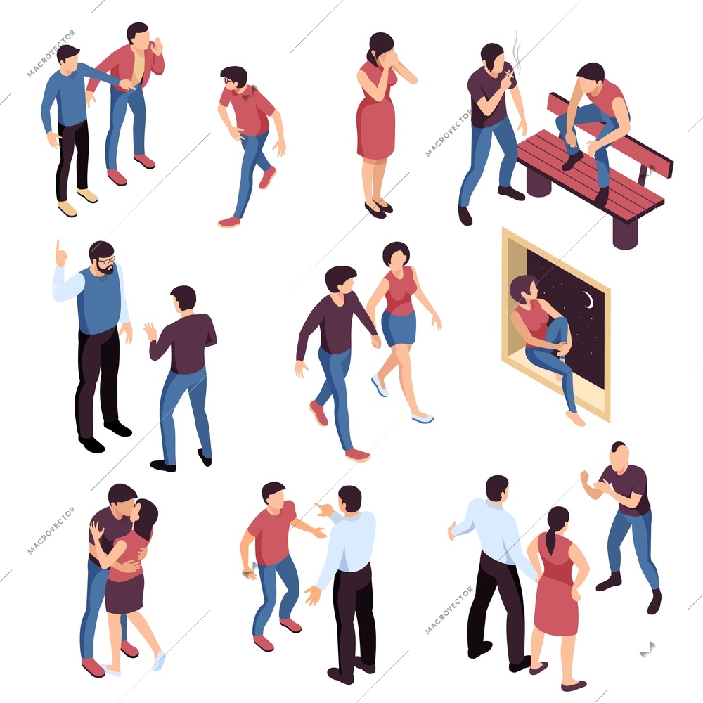 Teenagers problems isometric set with bullying and loneliness romantic relations smoking and parents misunderstanding isolated vector illustration