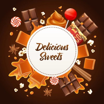 Round realistic caramel frame composition with delicious sweets headline caramel and chocolate vector illustration