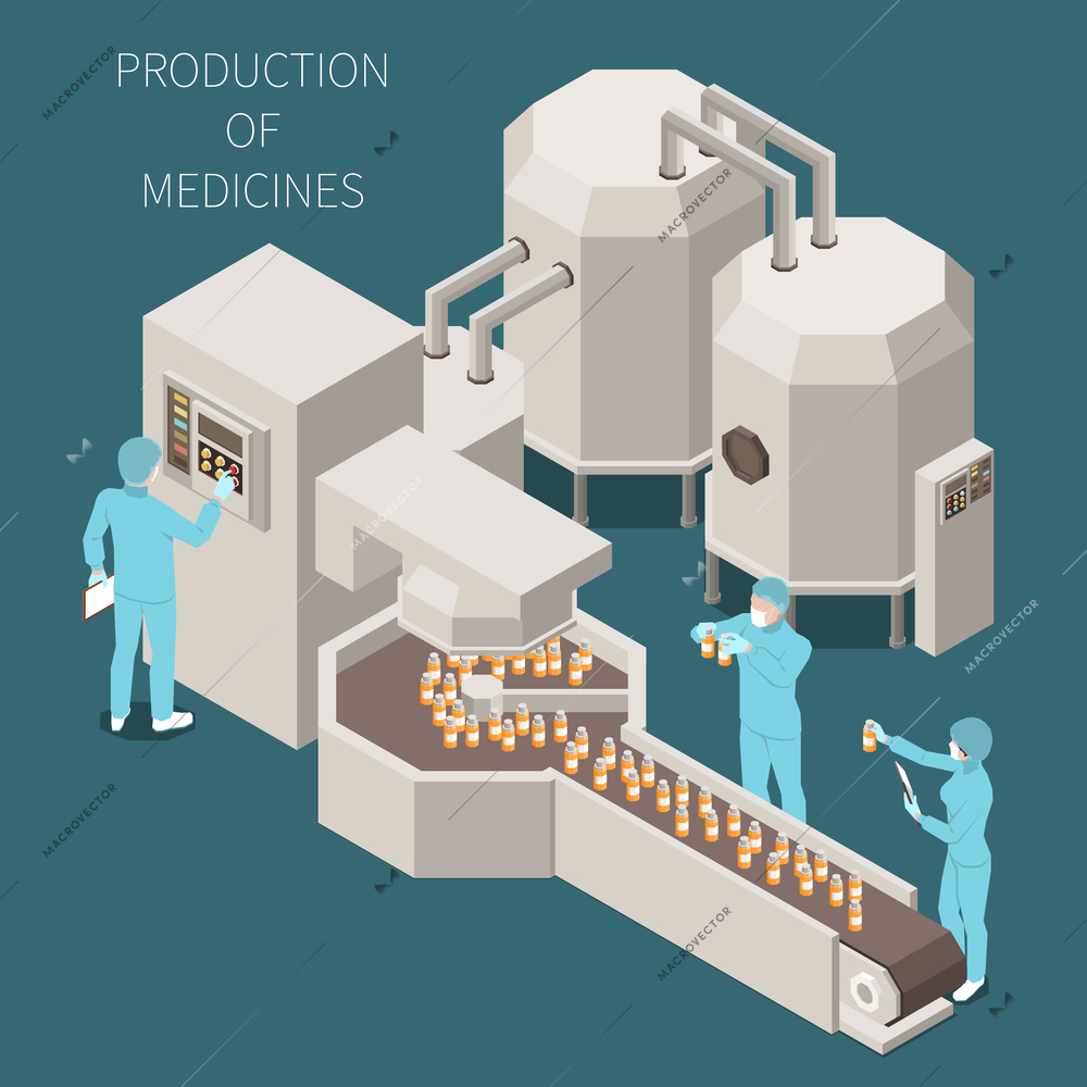 Pharmaceutical production isometric colored composition with production of medicines descriptions and working process in the lab vector illustration