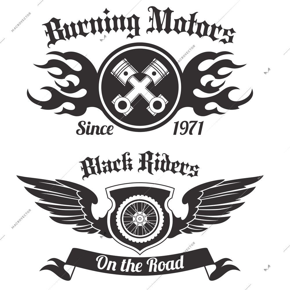 Motorcycle grunge black riders burning motors labels set isolated vector illustration