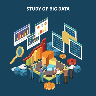 Isometric big data analytics composition with study of big data and statistics isolated elements vector illustration