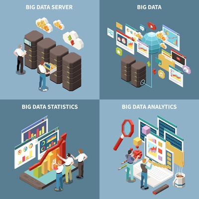 Big data analytics isometric icon set with server statistics and analytics descriptions vector illustration