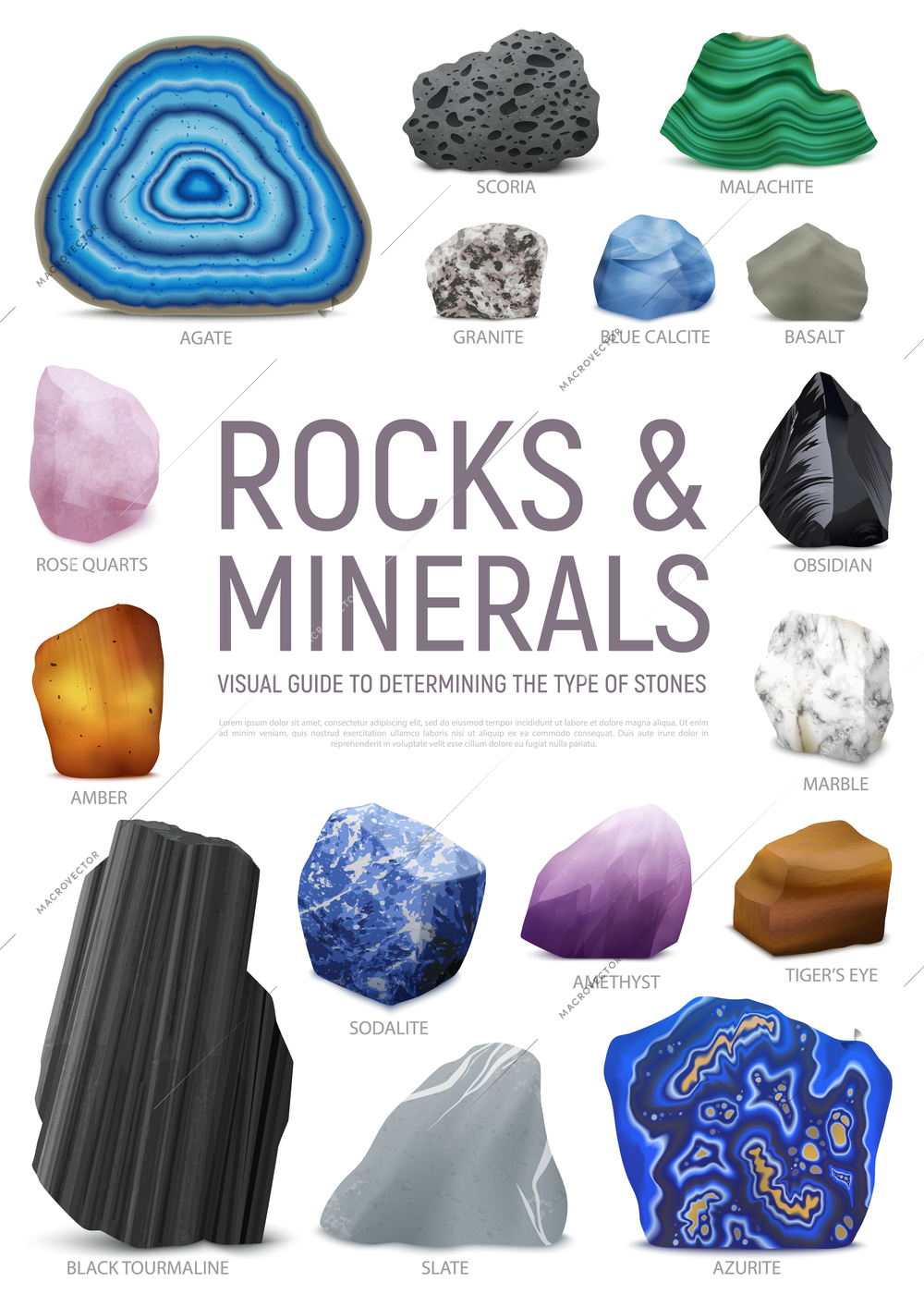 Realistic stone mineral visual guide icon set with rock and minerals visual guide to determining the type of stones headline vector illustration