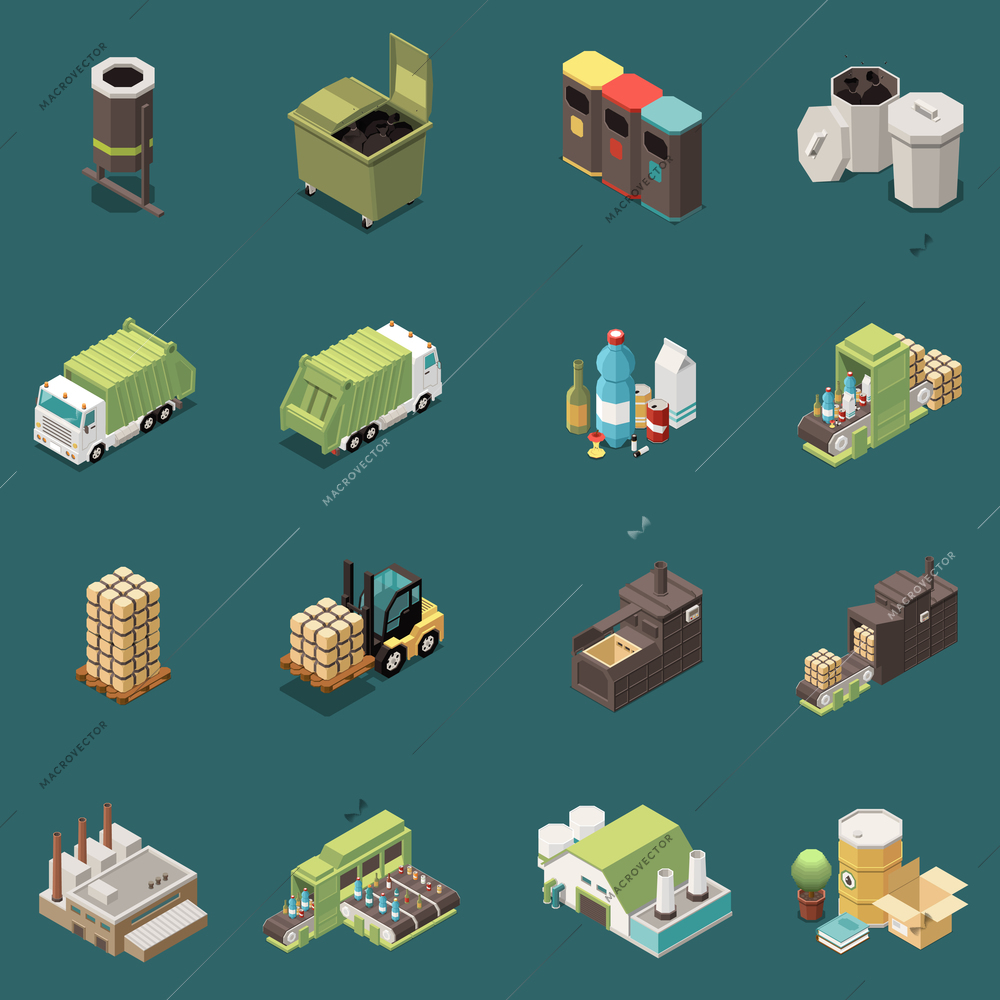 Isolated isometric garbage recycling icon set with separate recycle bag waste baskets and different factory vector illustration