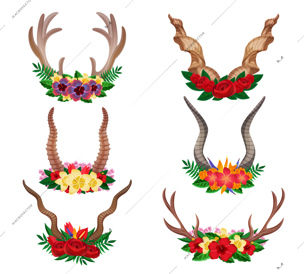 Wild animals dear mountain goat moose ornamental floral horns set decorated with flower arrangements isolated vector illustration