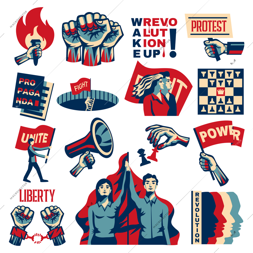 Revolution socialism promoting constructivist set with power liberty unity struggle for freedom symbols vintage isolated vector illustration