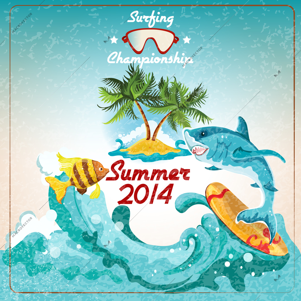 Surfing championship promo poster with palm island  and shark vector illustration