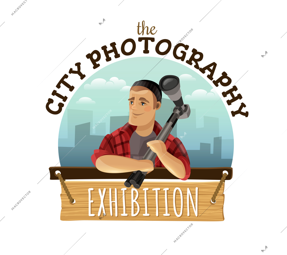 Unique city photography custom logo design advertisement with man holding camera against cityscape background colorful vector illustration