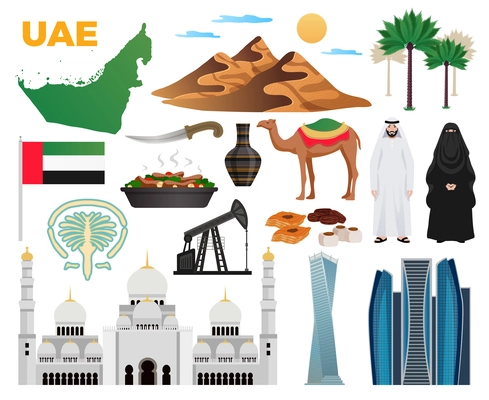 UAE travel flat icons collection with landmarks national flag clothing cuisine mountains modern architecture mosque vector illustration
