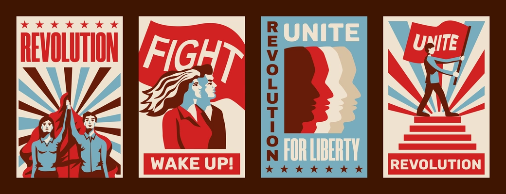 Revolution 4 promoting constructivist posters set with calls for strike fight unity liberty vintage isolated vector illustration