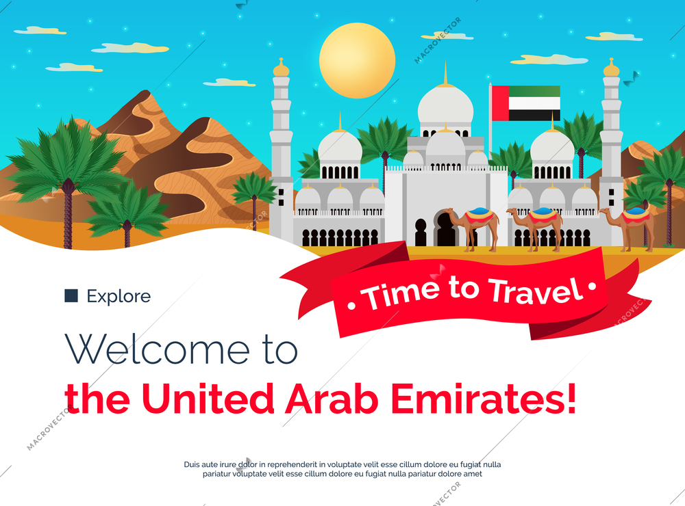 Time to travel united arab emirates flat colorful banner with mountains palms mosque sightseeing attractions vector illustration