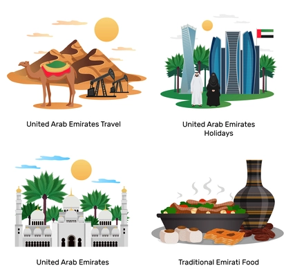 UAE travel 4 flat compositions with traditional food holidays sightseeing guide natural monuments architecture isolated vector illustrations