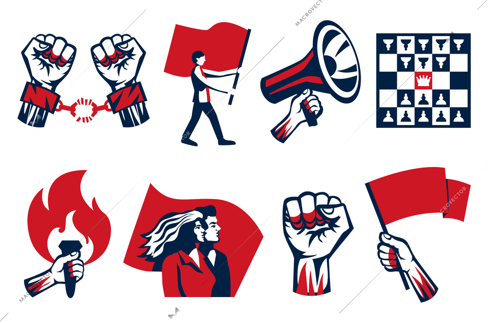 Revolution propagating calls for fight freedom unity symbols 2 horizontal vintage constructivist icons sets isolated vector illustration