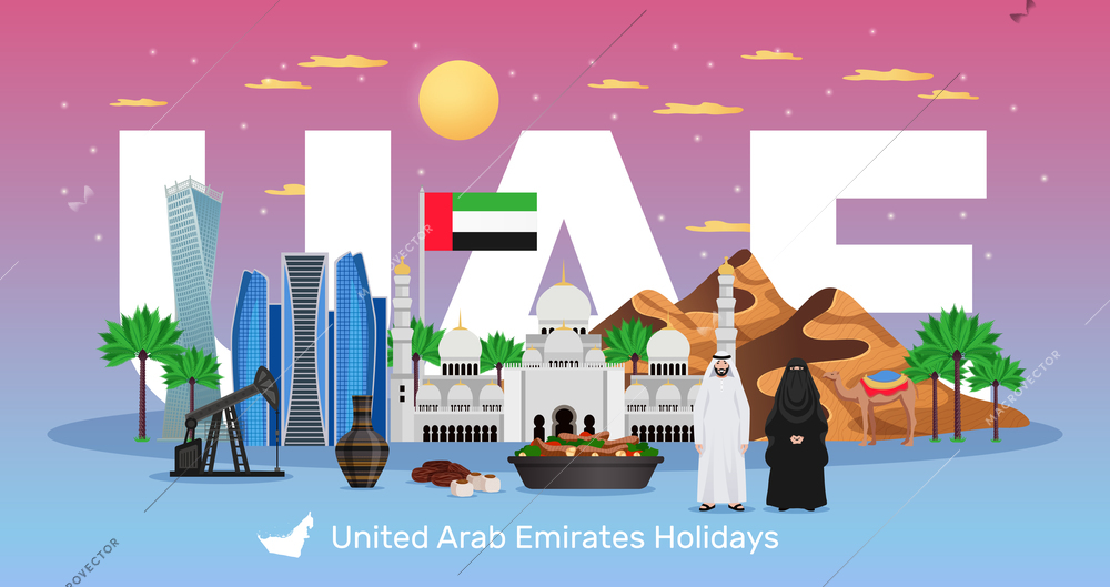 UAE travel flat horizontal composition with tourists attractions national flag clothing dishes natural monuments architecture vector illustration