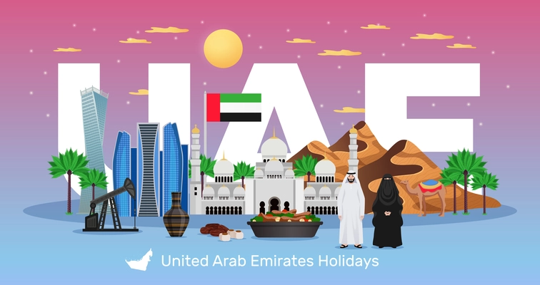 UAE travel flat horizontal composition with tourists attractions national flag clothing dishes natural monuments architecture vector illustration