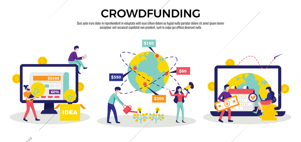 Crowdfunding money raising international internet platforms for business startup  charity ideas 3 flat horizontal compositions vector illustration