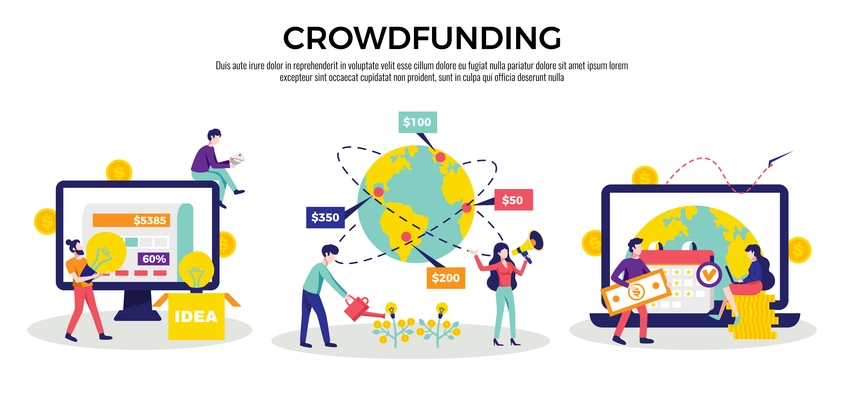 Crowdfunding money raising international internet platforms for business startup  charity ideas 3 flat horizontal compositions vector illustration