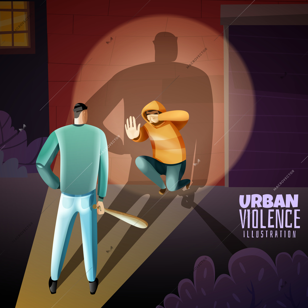 Social crime urban youth violence warning composition with criminal threatening boy with wooden baton poster vector illustration