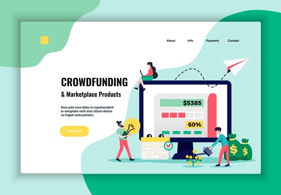 Crowdfunding money raising marketplace  products promotion concept website banner flat design with process flow diagram vector illustration