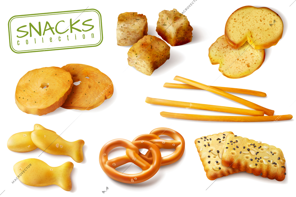 Croutons crackers pretzels biscuits crispy bread sticks realistic baked snacks appetizing closeup images collection isolated vector illustration