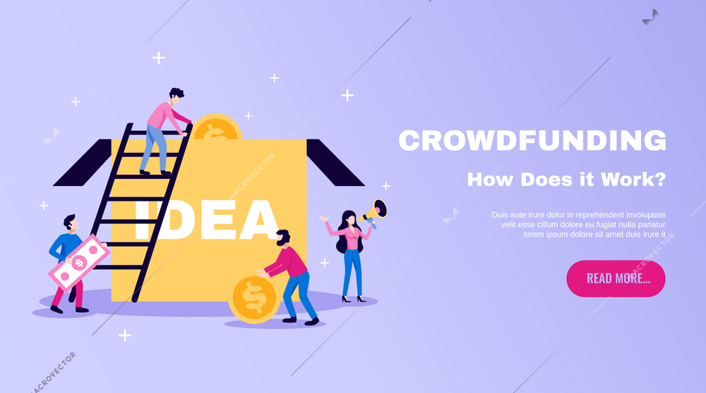 Crowdfunding money raising essentials horizontal flat website banner with ideas box and read more button vector illustration