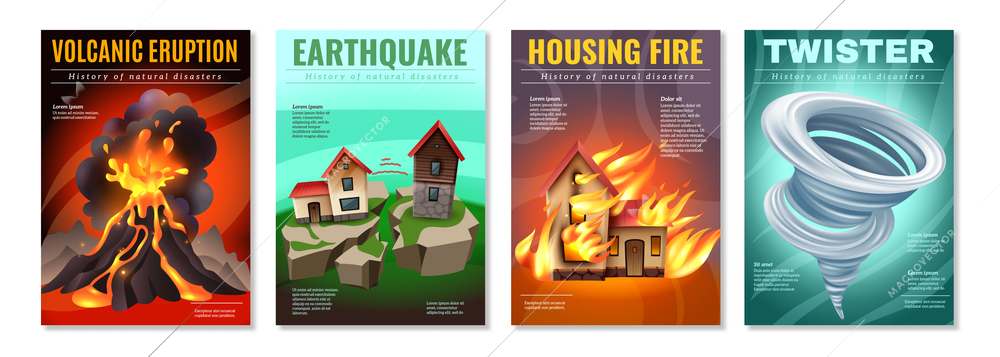 Natural disasters 4 colorful posters set with earthquake housing fire tornado twister volcanic eruption isolated vector illustration