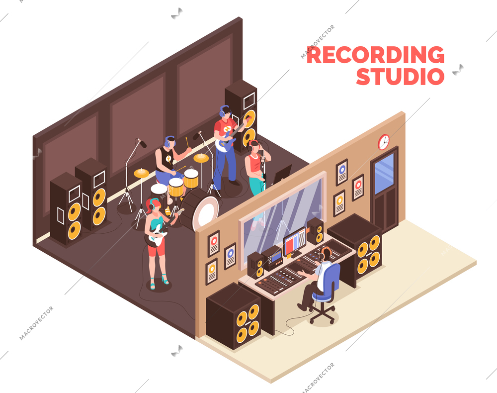 Band playing musical instruments and singing in recording studio 3d isometric vector illustration