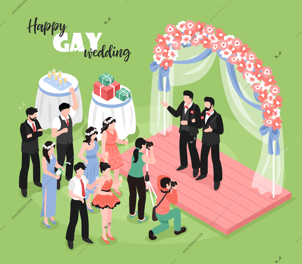 Gay wedding ceremony with professional photographer and guests on green background 3d isometric vector illustration