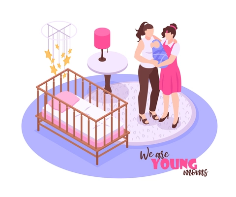 Lesbian couple and their child standing in nursery room on white background 3d isometric vector illustration