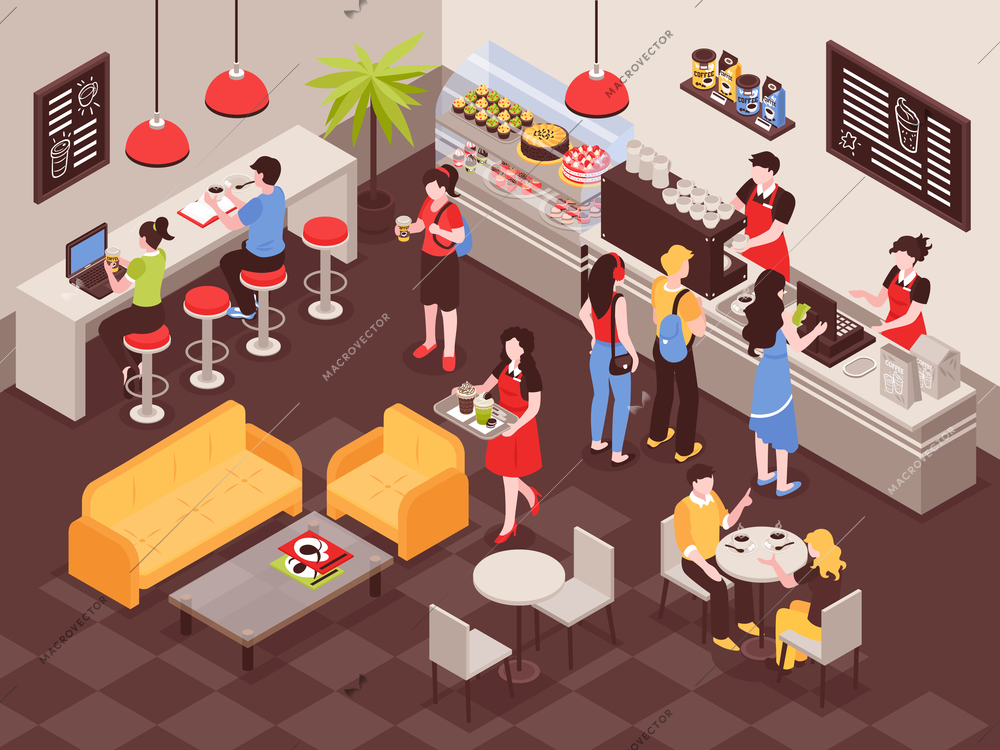 Men and women ordering drinks in coffee house 3d isometric vector illustration