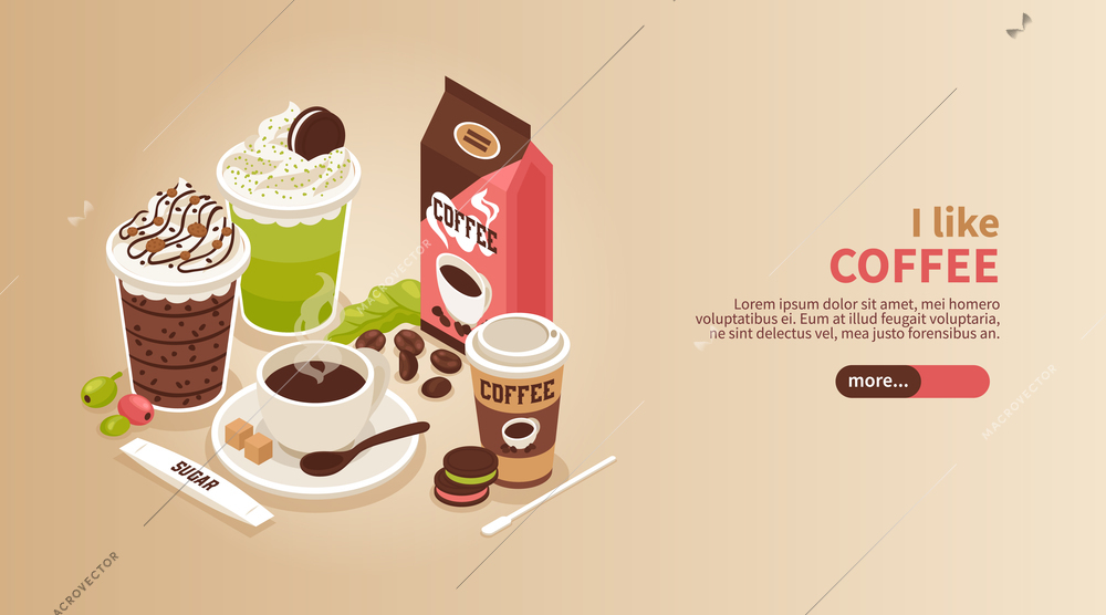 Horizontal isometric banner with cup and glasses of hot coffee with whipped cream biscuits and topping 3d vector illustration