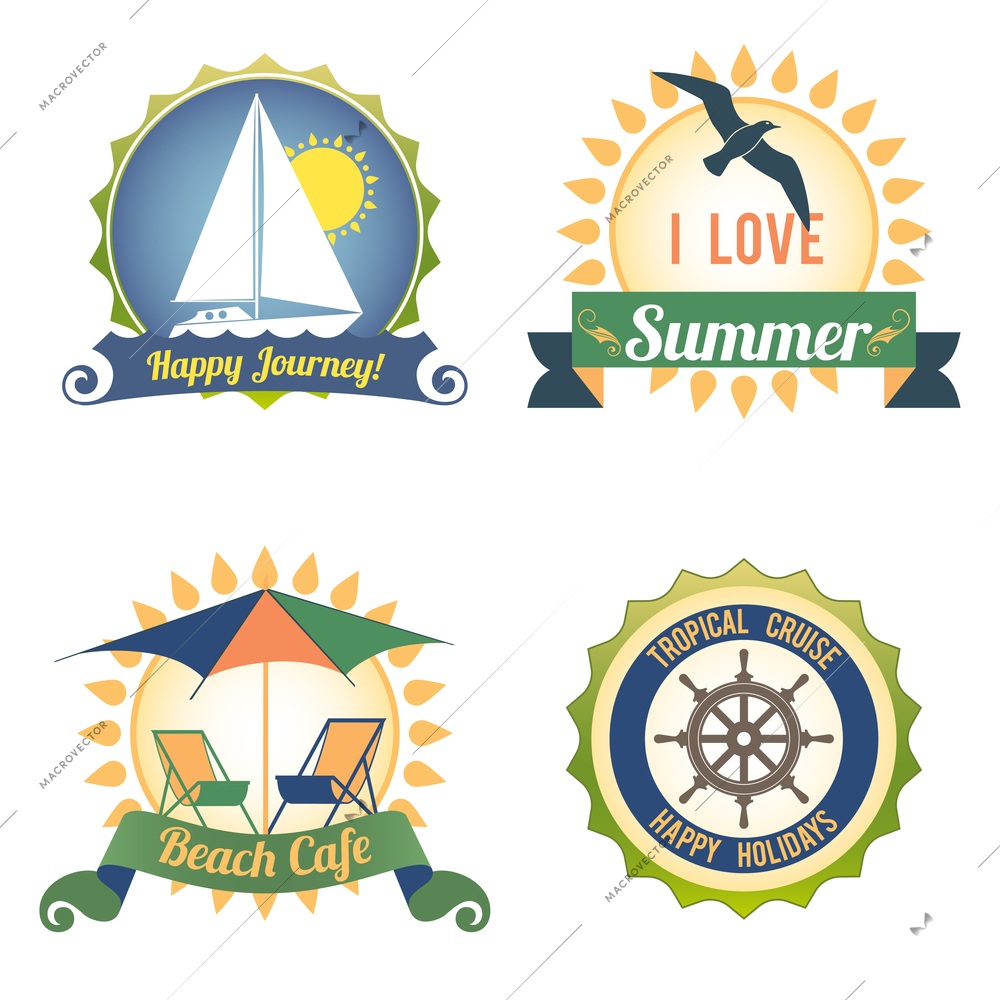 Happy journey summer ocean cruise travel color labels set isolated vector illustration