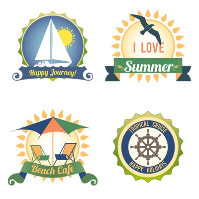 Happy journey summer ocean cruise travel color labels set isolated vector illustration